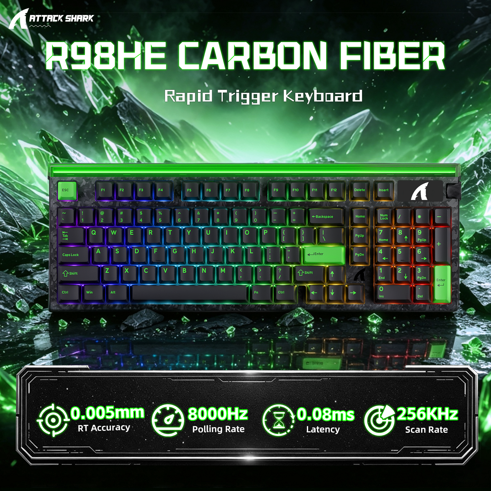 Klawiatura przewodowa ATTACK SHARK R98 HE z włókna węglowego, szybkim spustem, magnetycznym przełącznikiem oraz kablem Ultra RGB C01 w oplocie spiralnym