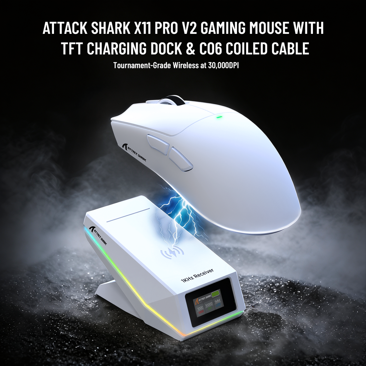 Bezprzewodowa mysz gamingowa ATTACK SHARK X11 PRO V2 z wyświetlaczem TFT, stacją ładującą i zwiniętym kablem C06
