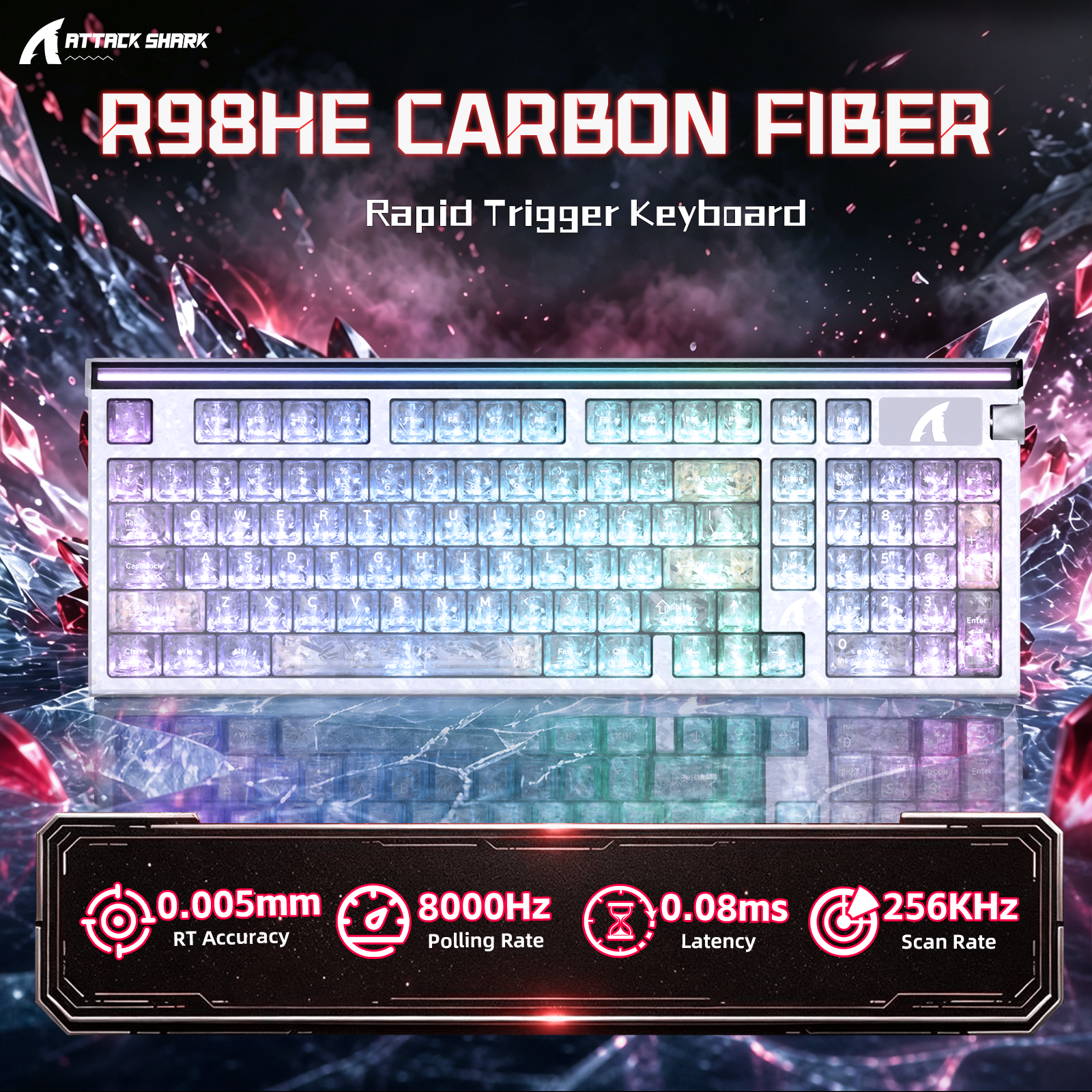 Klawiatura przewodowa ATTACK SHARK R98 HE z włókna węglowego, szybkim spustem, magnetycznym przełącznikiem oraz kablem Ultra RGB C01 w oplocie spiralnym