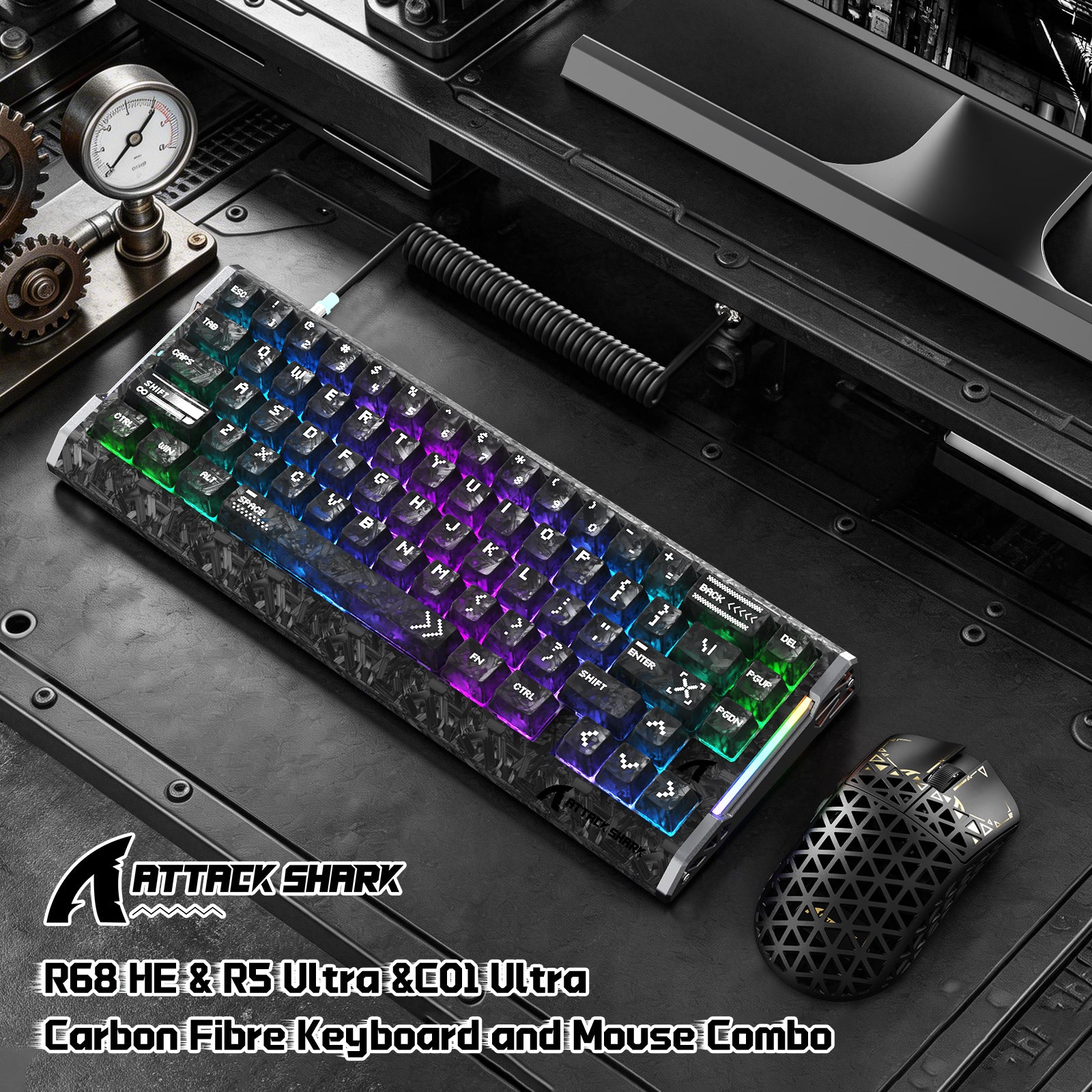 ATTACK SHARK R68 HE & R5 ULTRA Zestaw gamingowy z włókna węglowego z kablem C01 ULTRA w oplocie
