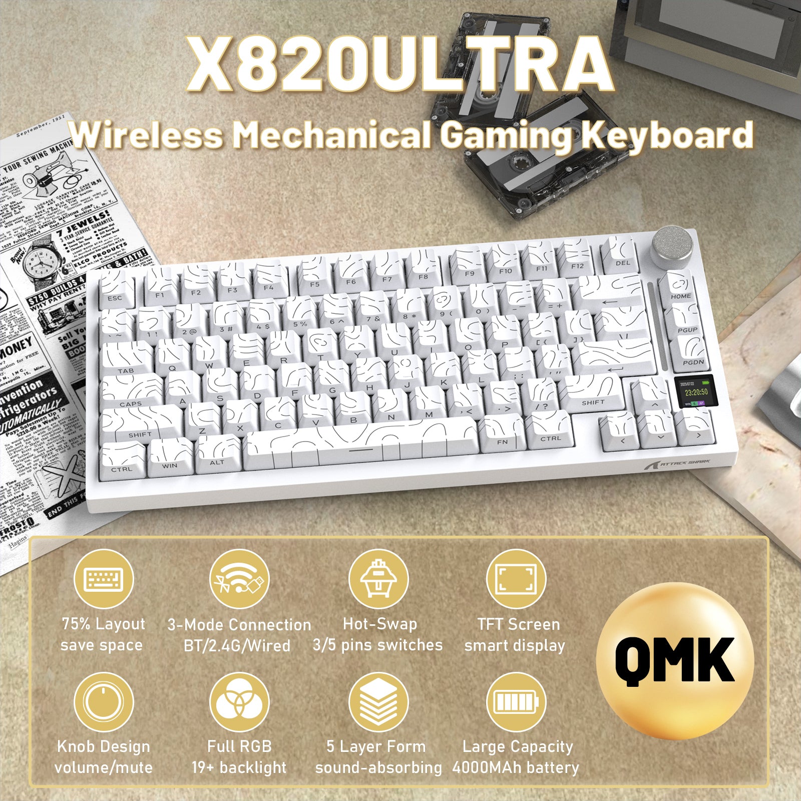 ATTACK SHARK X820ULTRA Mechaniczna klawiatura z kablem C01ULTRA w oplocie