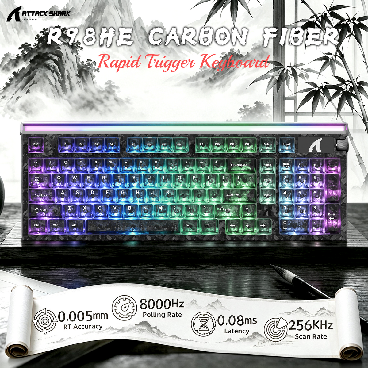 Klawiatura przewodowa ATTACK SHARK R98 HE z włókna węglowego, szybkim spustem, magnetycznym przełącznikiem oraz kablem Ultra RGB C01 w oplocie spiralnym