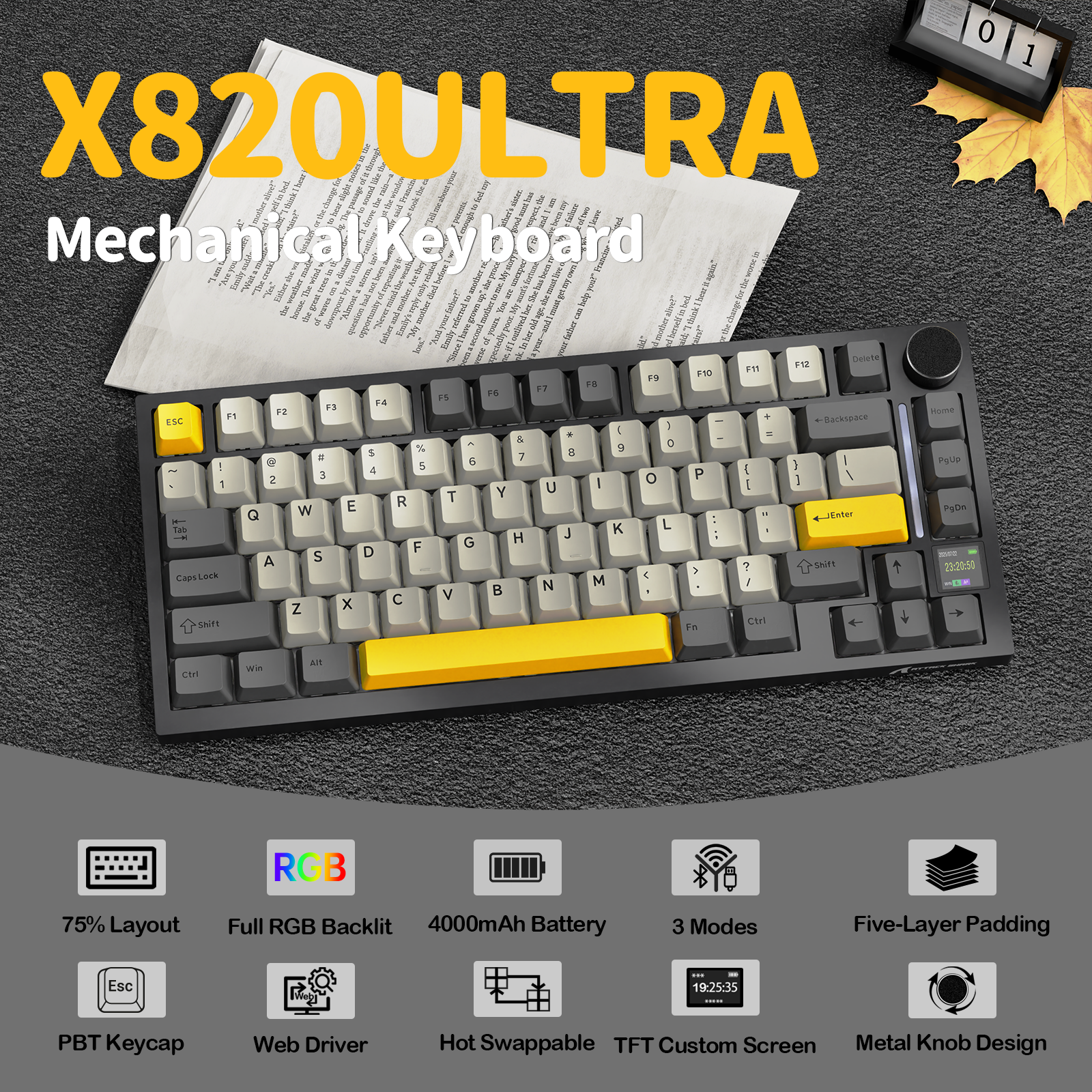 ATTACK SHARK X820Ultra Tri-mode Mechaniczna klawiatura z uszczelką