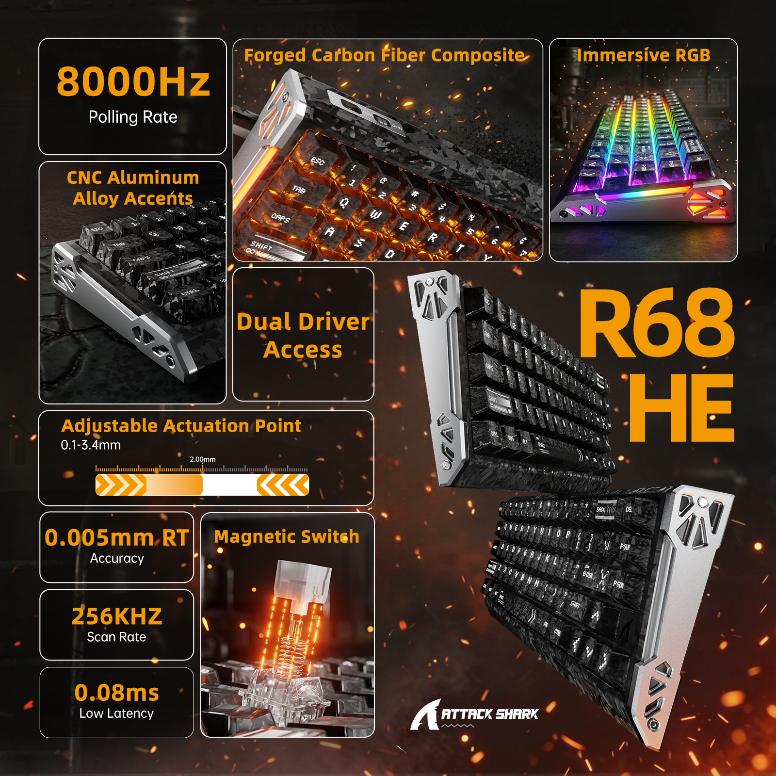 ATTACK SHARK R68 HE Carbon Fiber Rapid Trigger Klawiatura z magnetycznym przełącznikiem