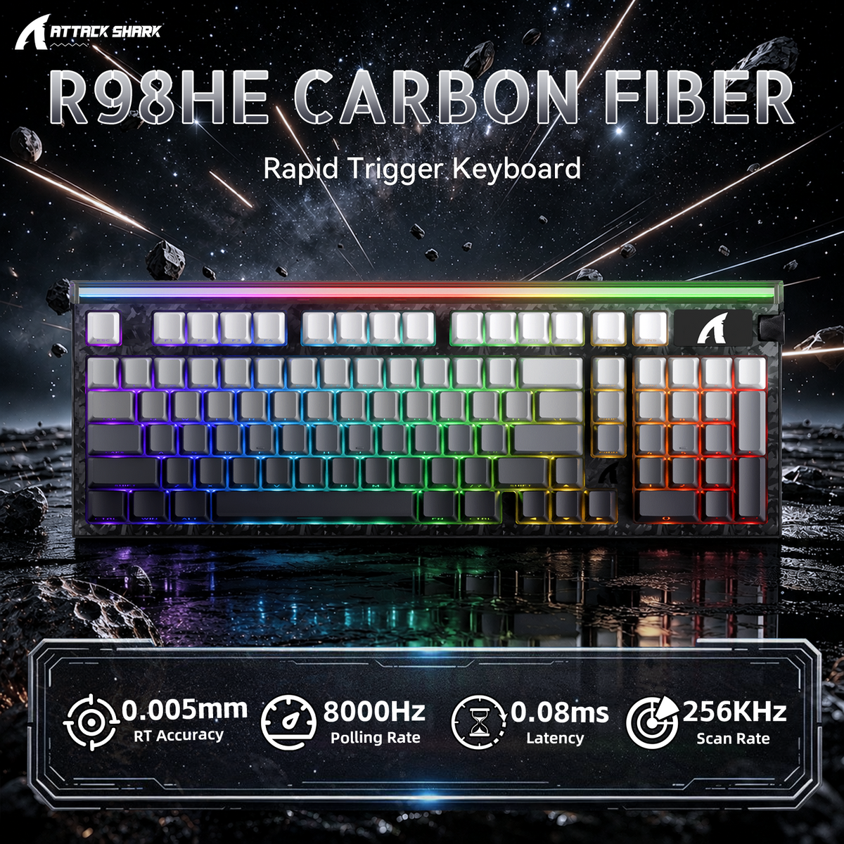 Klawiatura przewodowa ATTACK SHARK R98 HE z włókna węglowego, szybkim spustem, magnetycznym przełącznikiem oraz kablem Ultra RGB C01 w oplocie spiralnym