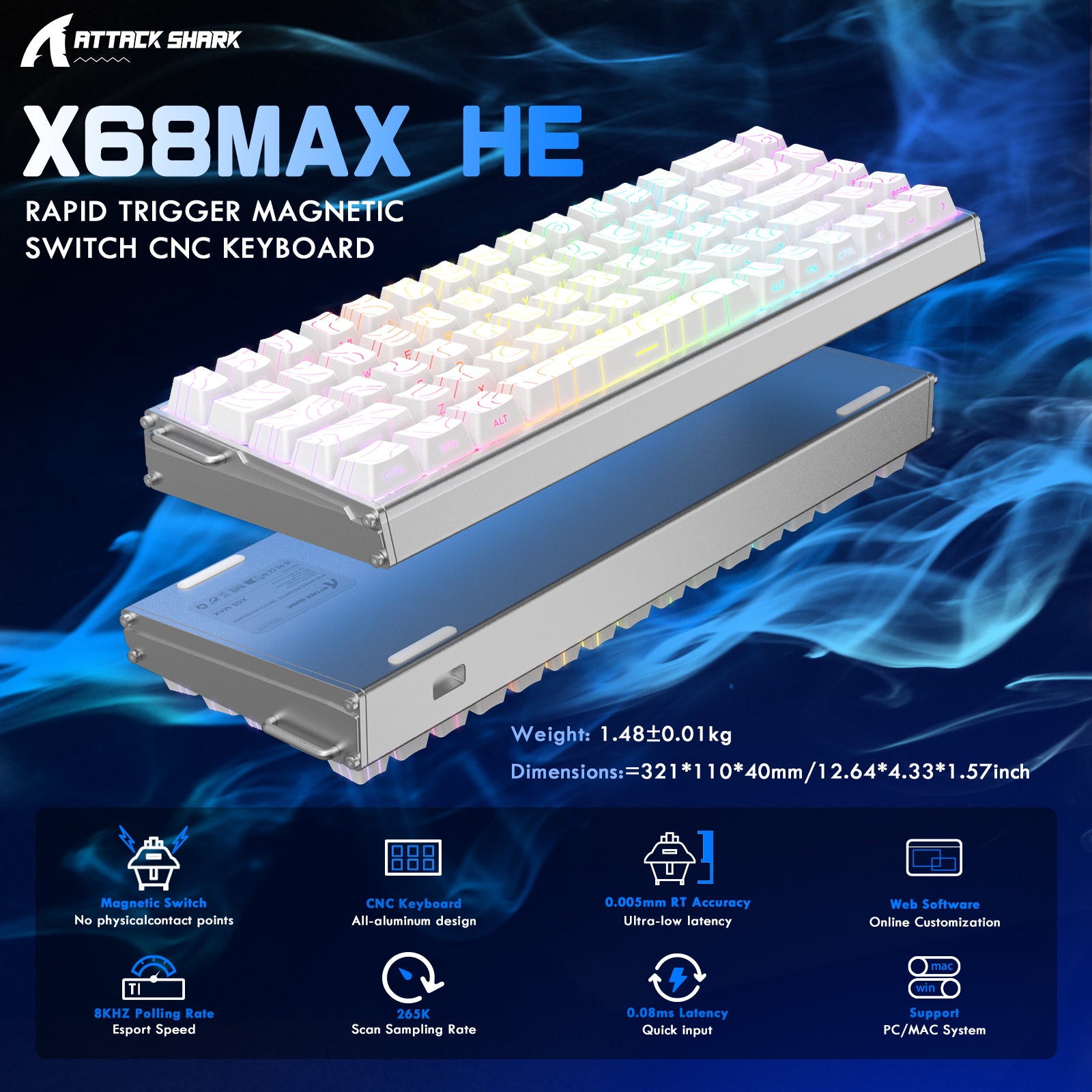 ATTACK SHARK X68MAX HE Klawiatura CNC z aluminium z szybkim wyzwalaczem i przełącznikiem magnetycznym z kablem C01Ultra RGB spiralnym