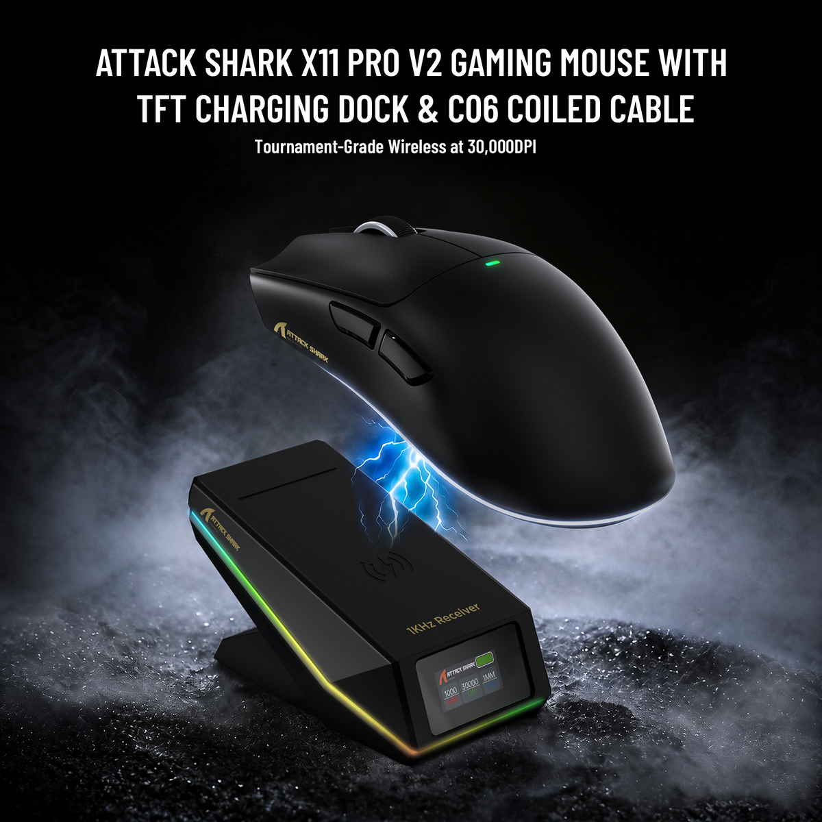Bezprzewodowa mysz gamingowa ATTACK SHARK X11 PRO V2 z wyświetlaczem TFT, stacją ładującą i zwiniętym kablem C06