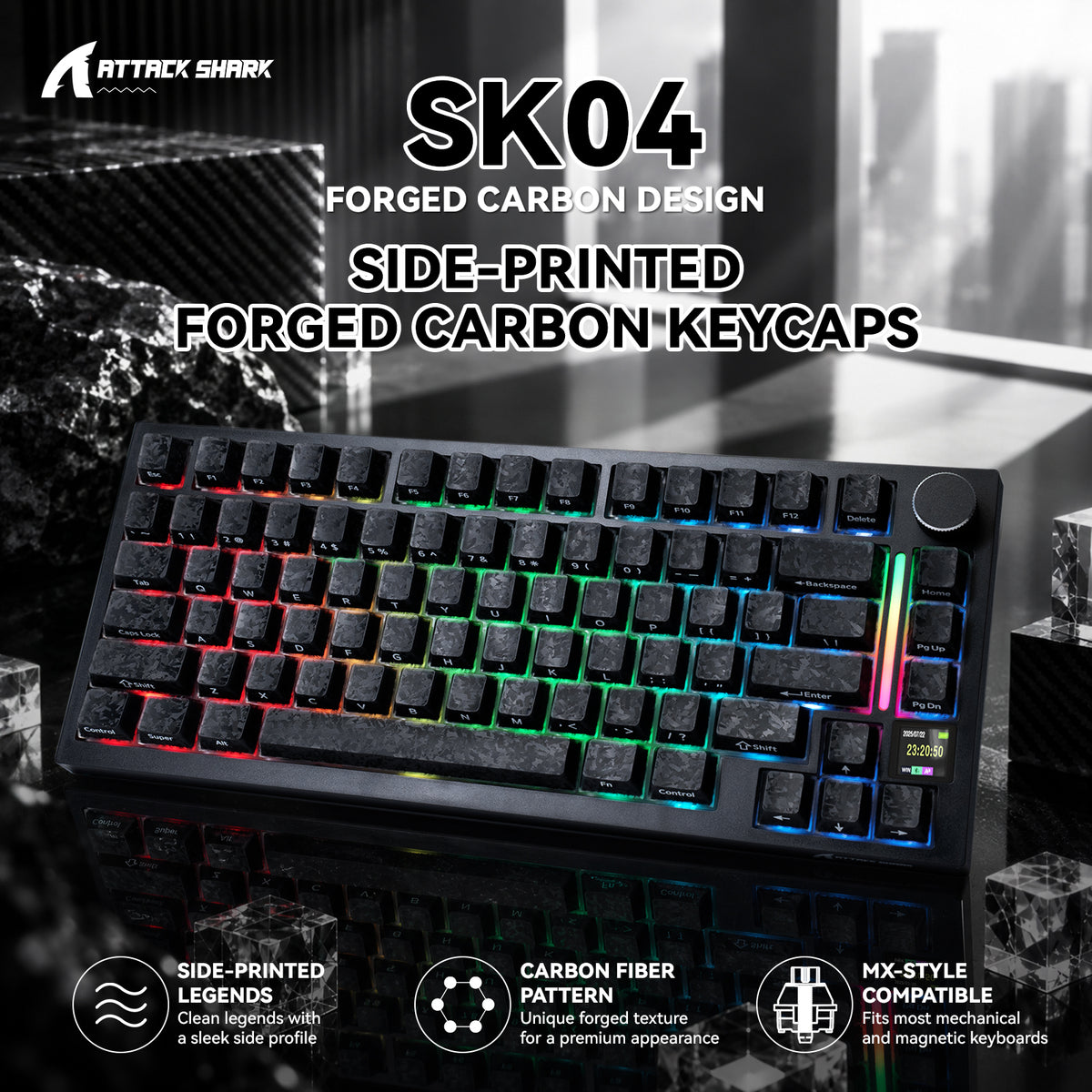 ATTACK SHARK SK04, 119 klawiszy, kryształowe keycapy z kutego włókna węglowego, ANSI/ISO