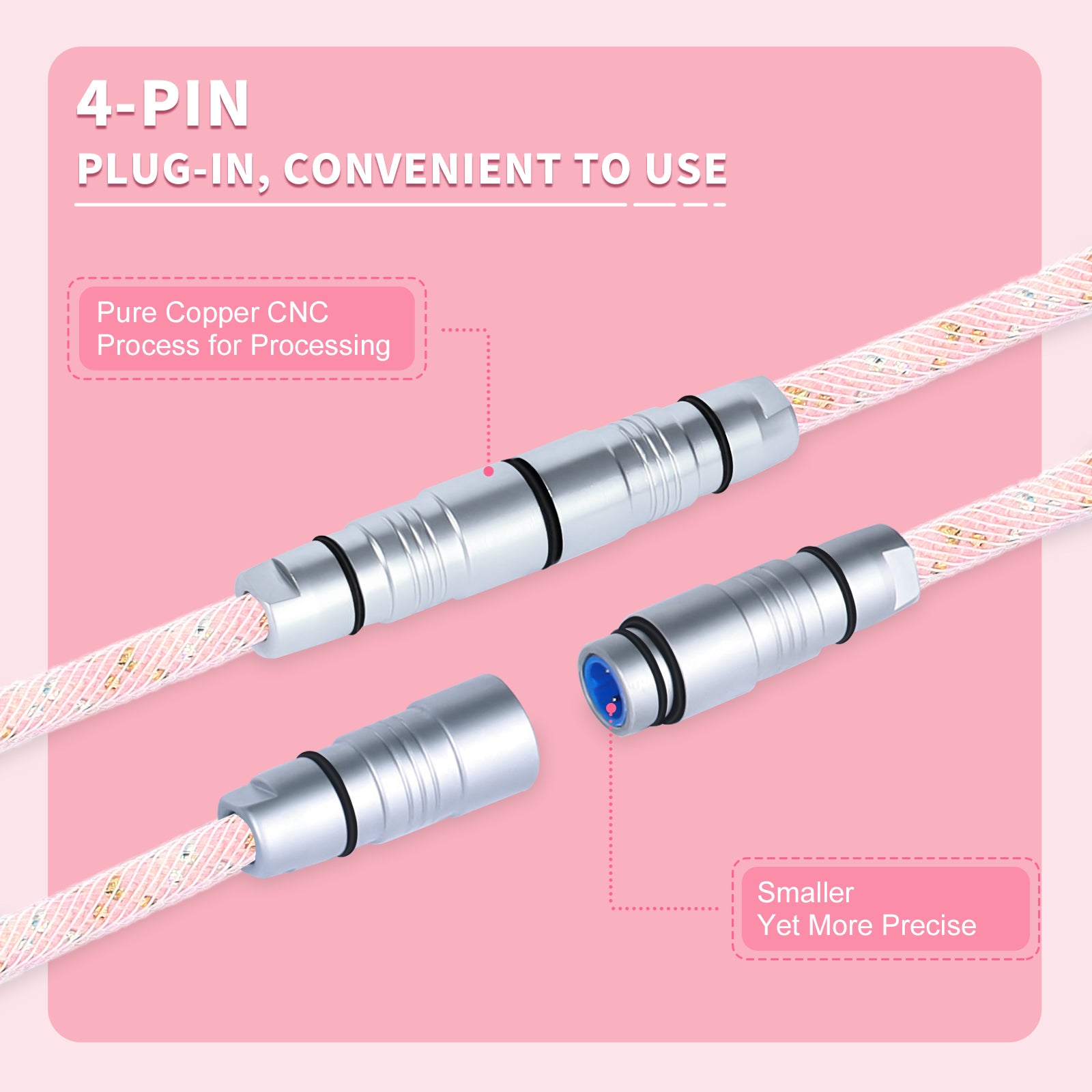 ATTACK SHARK C05 coiled cable with silver 4-pin detachable aviation connector and pink patterned braided sleeve.