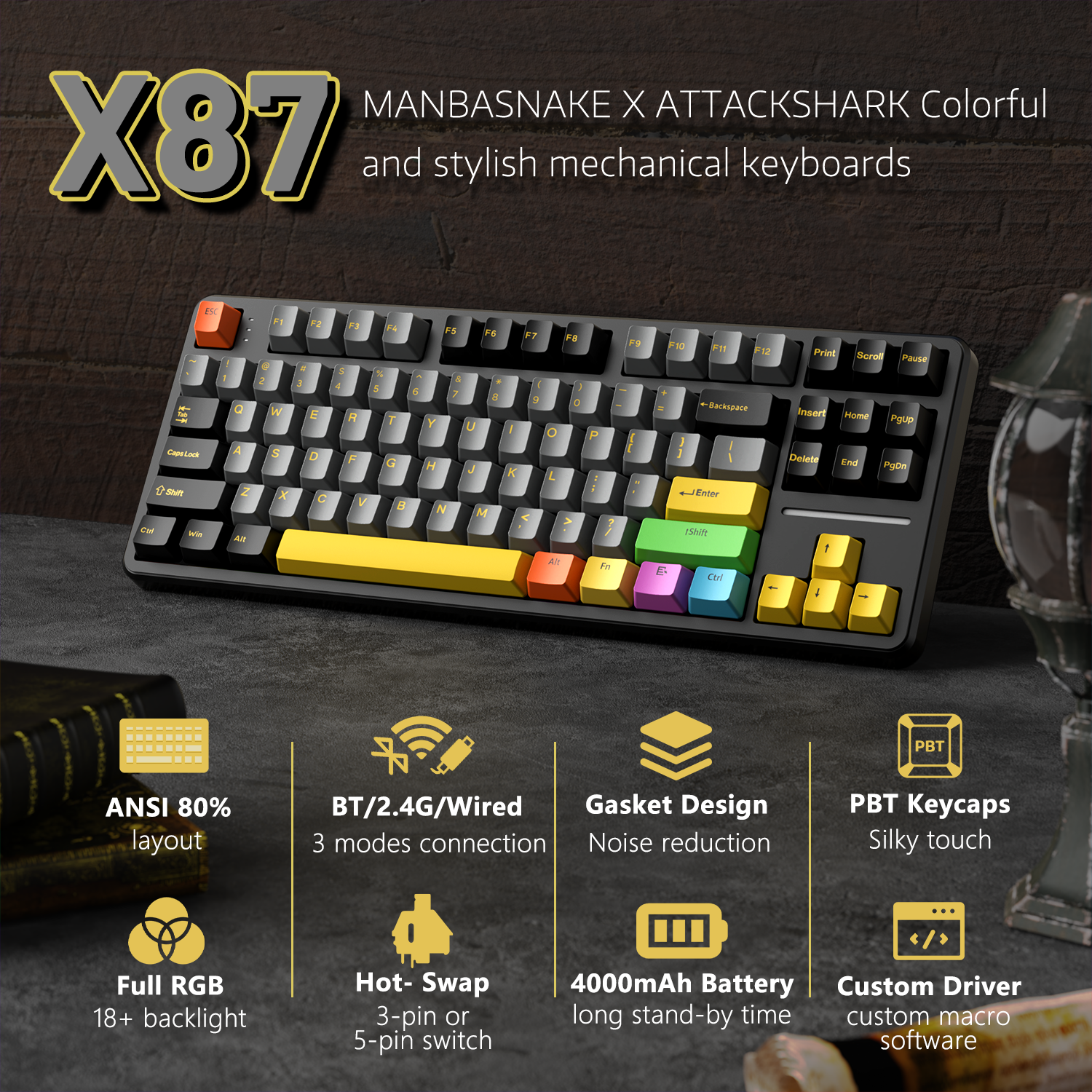ATTACK SHARK X87 Tri-mode Mechaniczna Klawiatura z Uszczelką