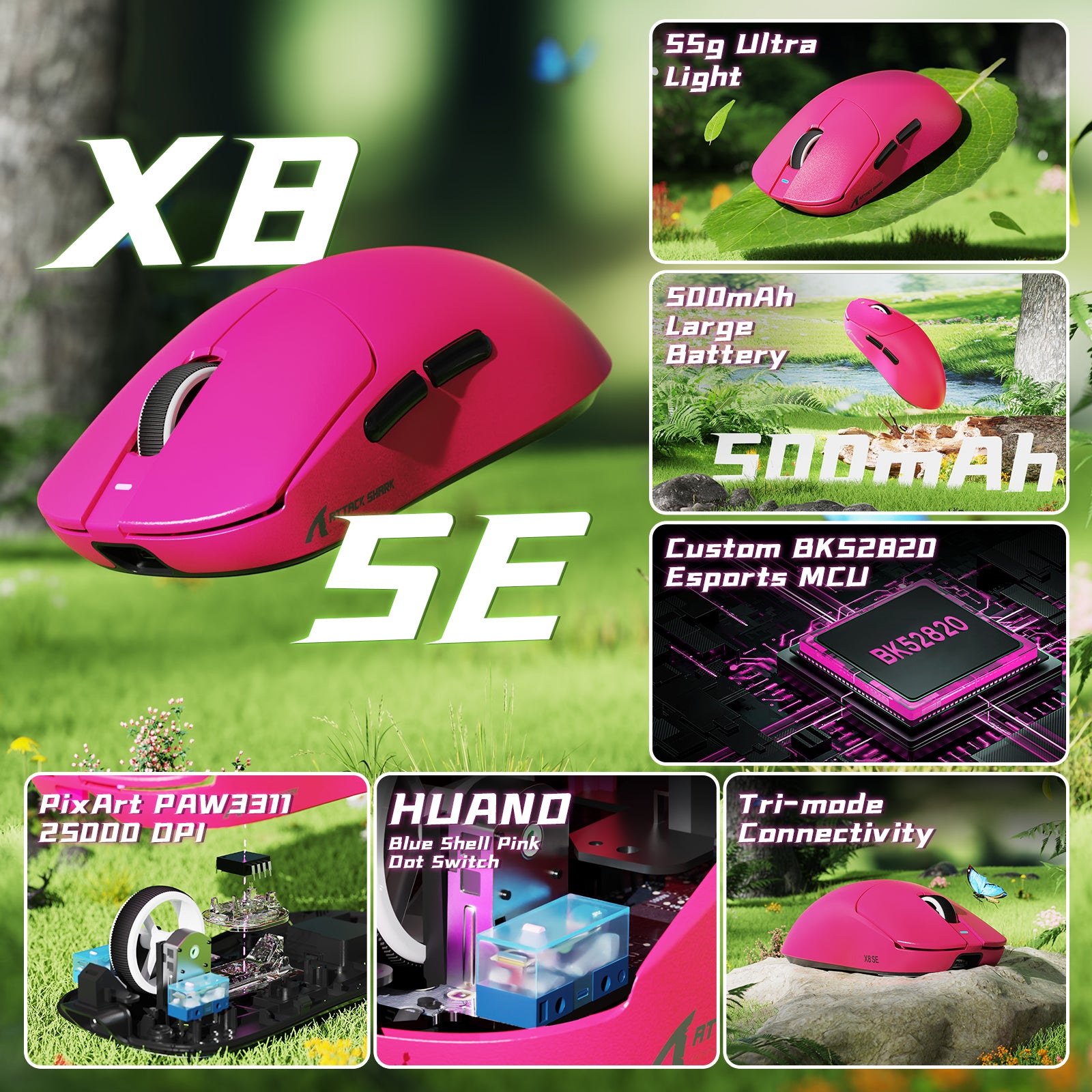 ATTACK SHARK X8 series mouse comparison chart with sensor, DPI, polling rate and battery specs