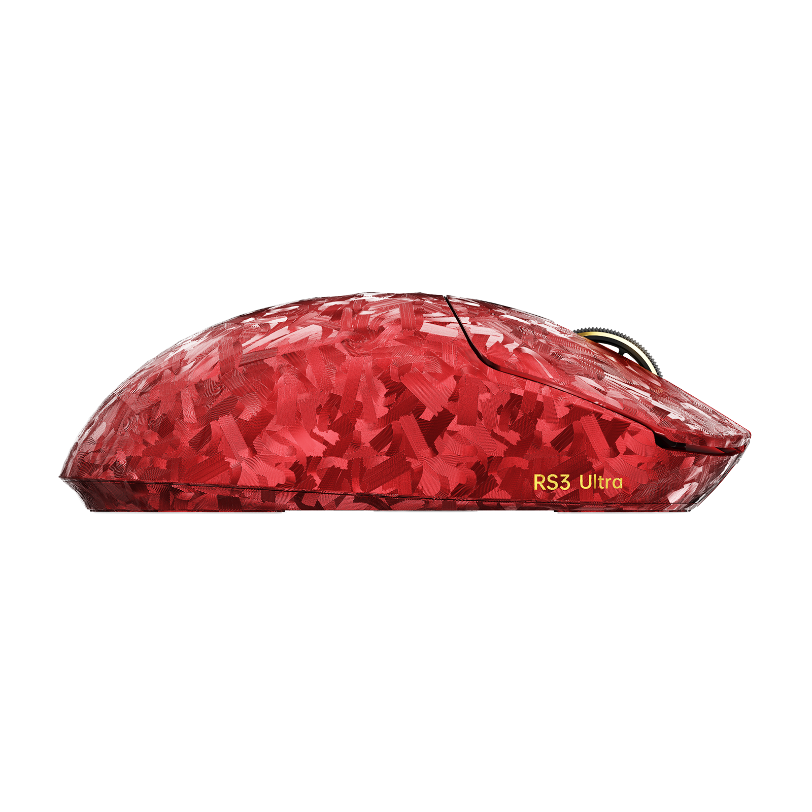 Red carbon fiber ATTACK SHARK RS3 Ultra gaming mouse side view with metal scroll wheel