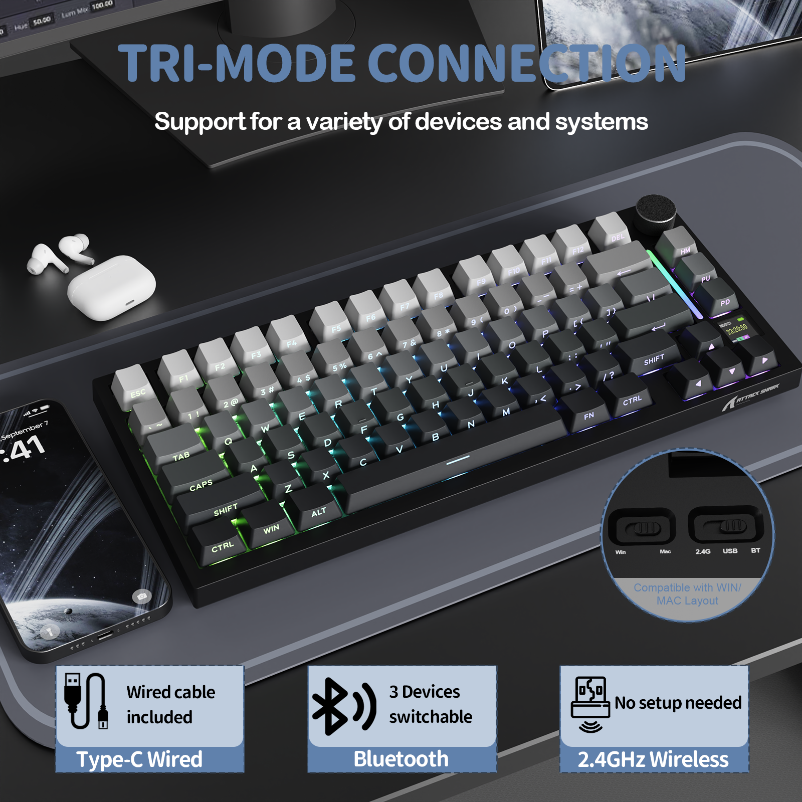 ATTACK SHARK X820Ultra Tri-mode Mechaniczna klawiatura z uszczelką