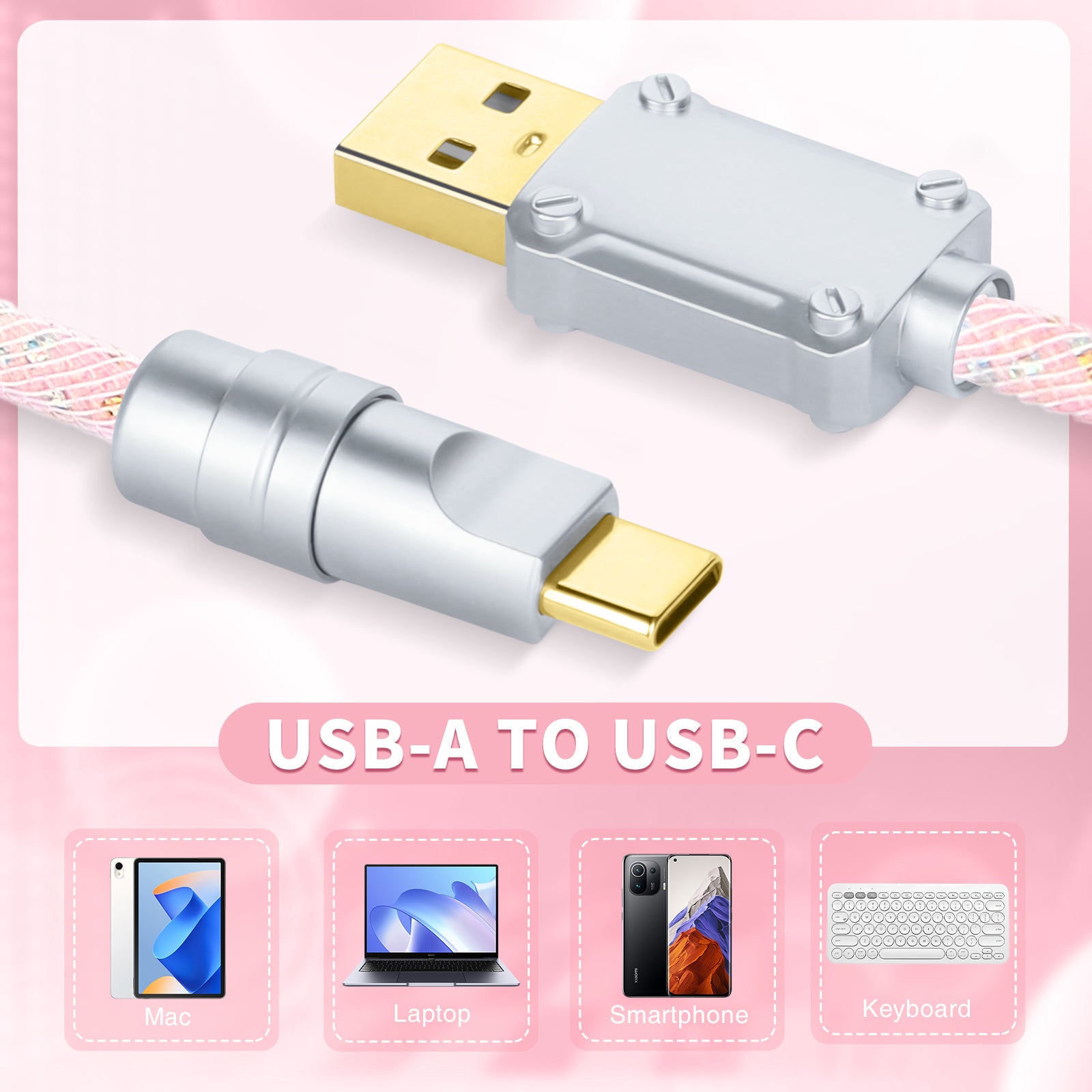 ATTACK SHARK C05 coiled USB-A to USB-C cable with gold-plated connectors and a braided pink and white sleeve.