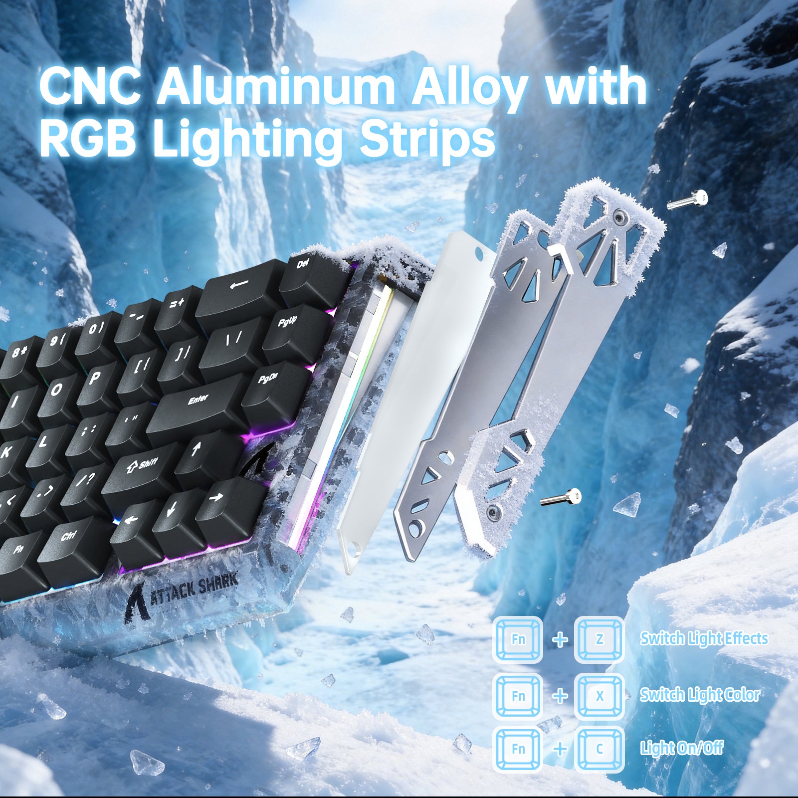 ATTACK SHARK R68 HE carbon fiber keyboard: CNC aluminum, RGB lighting strips.