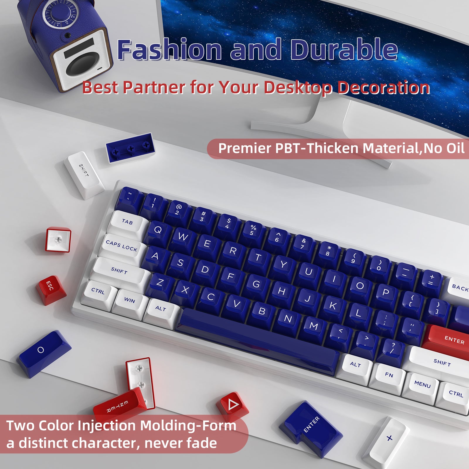 ATTACK SHARK 149 Keys PBT Double Shot Keycaps Set, featuring ASA profile and MX compatibility in blue and white.