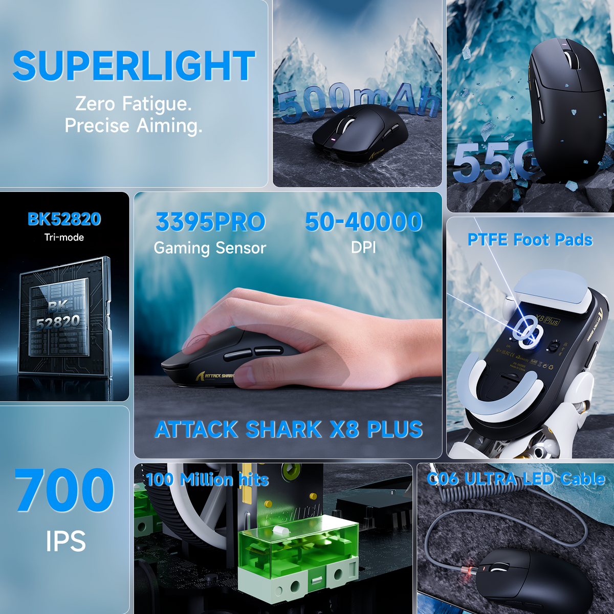 Bezprzewodowa mysz gamingowa ATTACK SHARK X8 PLUS z trzema trybami łączności i kablem C06 ULTRA