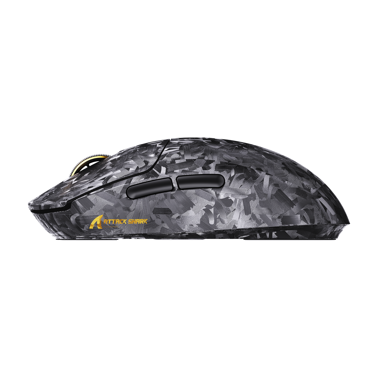 ATTACK SHARK RS3 ULTRA carbon fiber wireless gaming mouse side view, black textured shell, gold scroll wheel