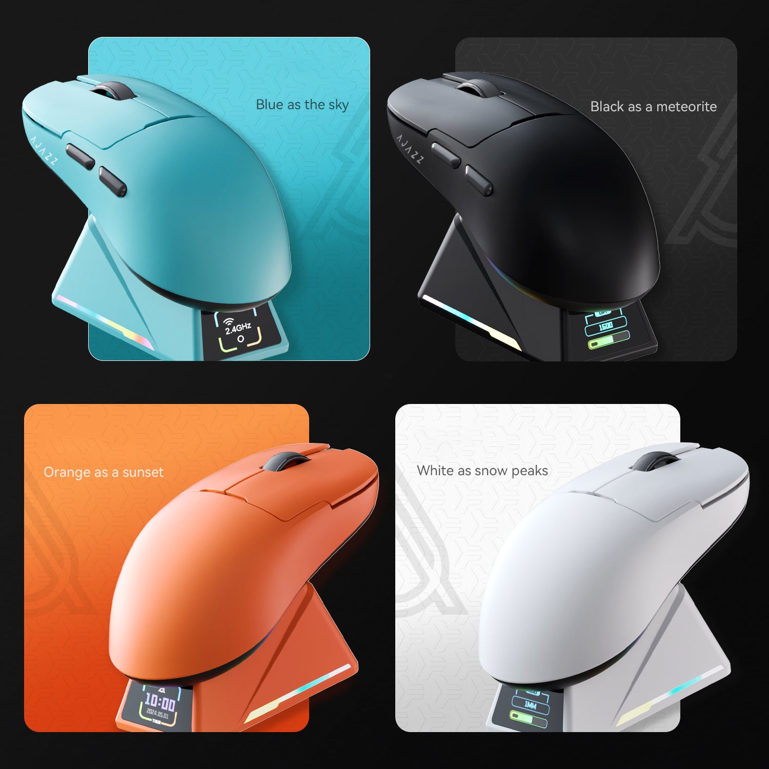 AJAZZ AJ159 APEX gaming mouse in purple with 8K wireless receiver dock and color display