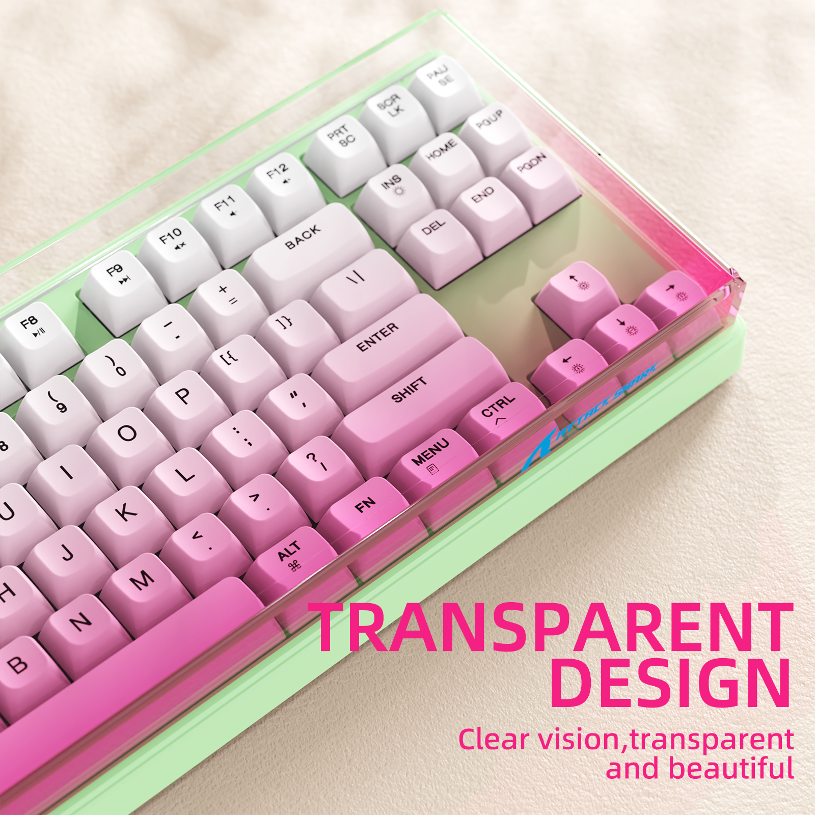 ATTACK SHARK 87 keys keyboard with transparent acrylic dust cover and pastel pink and white keycaps.