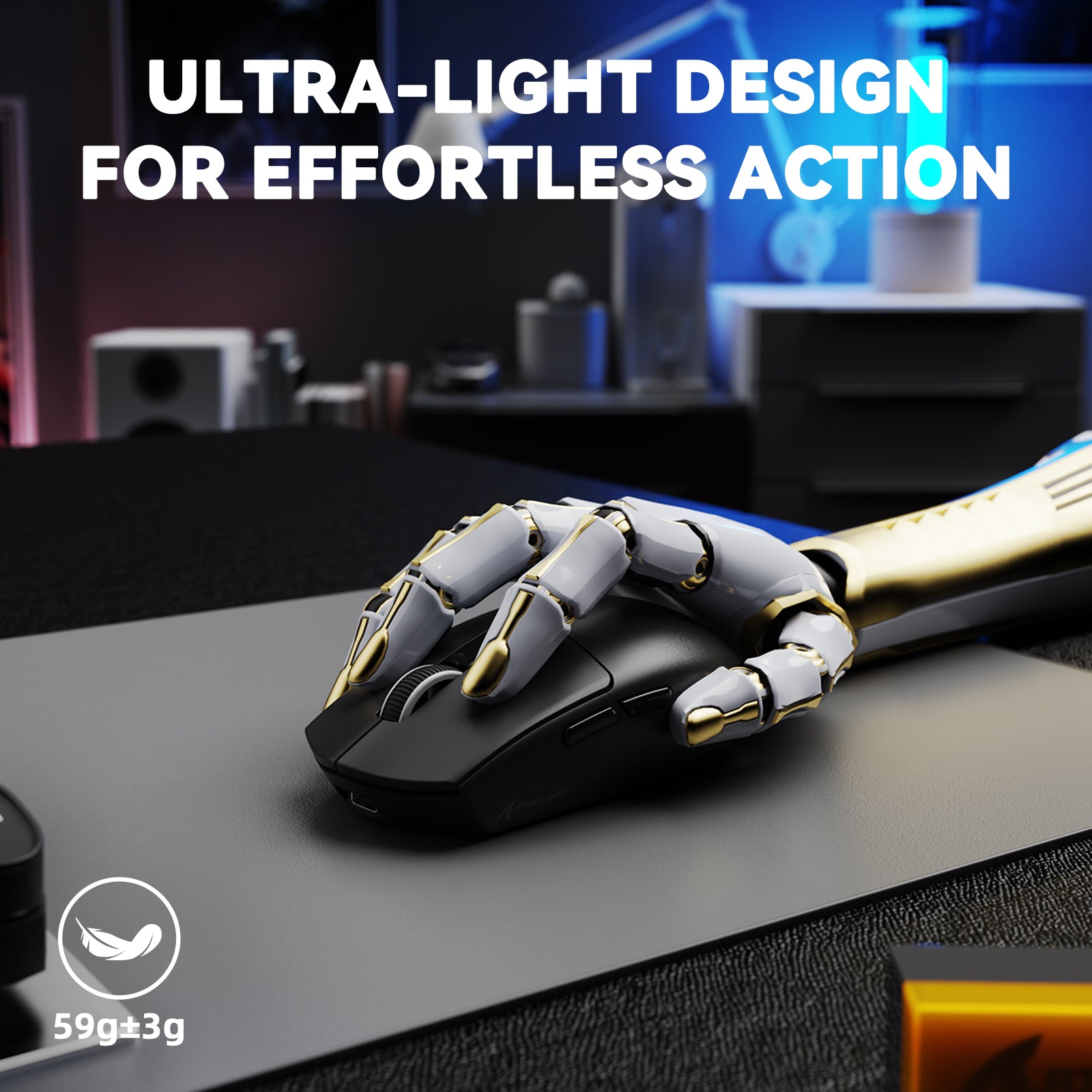 Black ultra-light gaming mouse (59g) held by a robotic hand, highlighting effortless action and lightweight design.