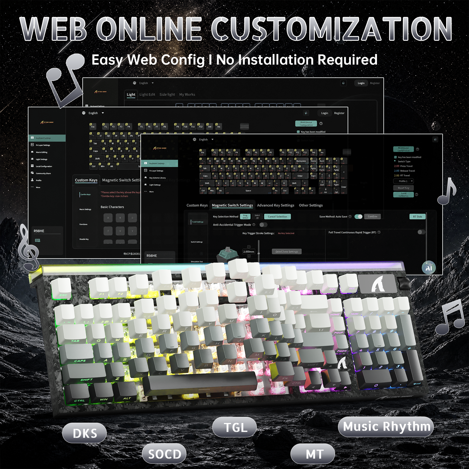 Klawiatura przewodowa ATTACK SHARK R98 HE z włókna węglowego, szybkim spustem, magnetycznym przełącznikiem oraz kablem Ultra RGB C01 w oplocie spiralnym