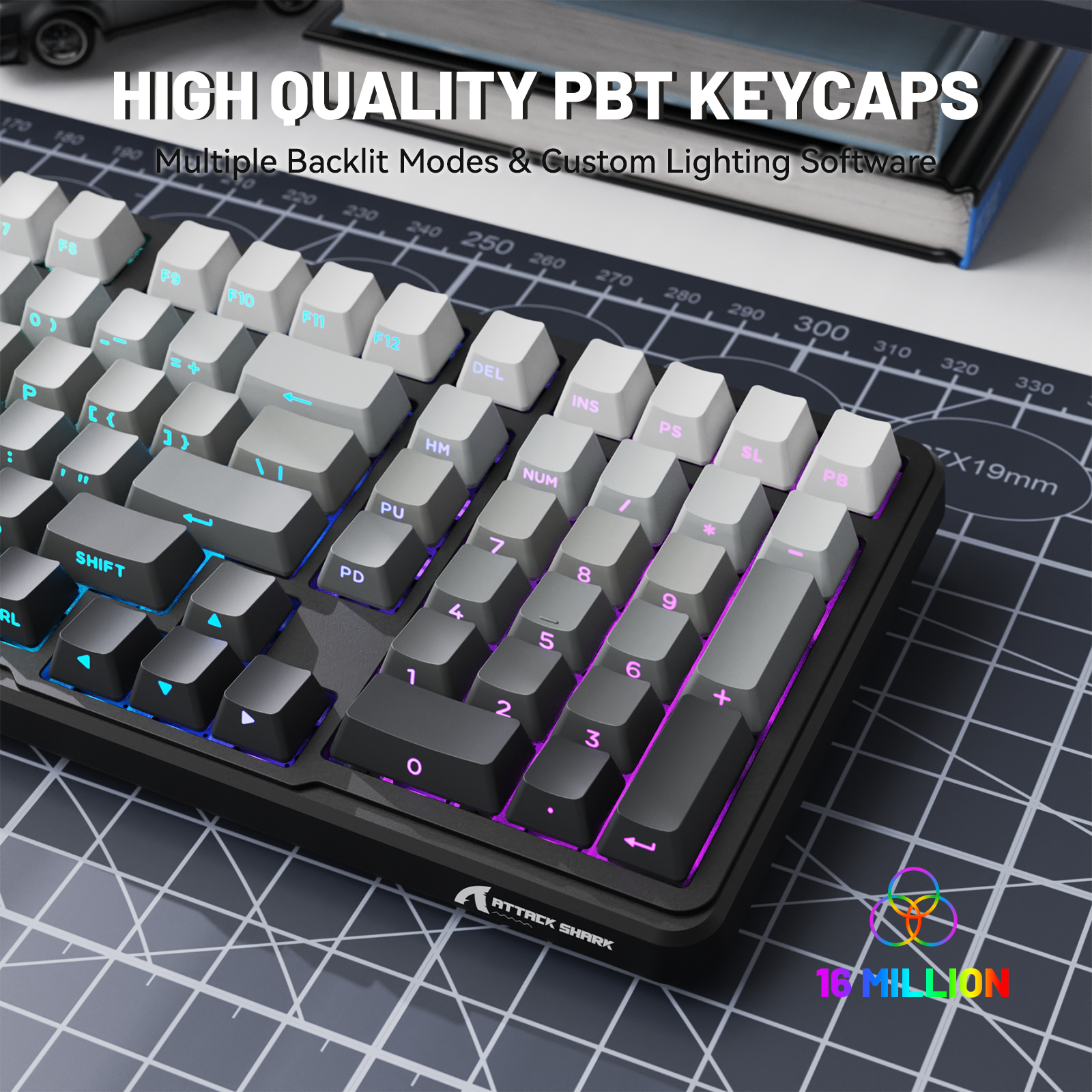 ATTACK SHARK X98 full-size wireless mechanical keyboard with PBT keycaps and customizable RGB backlighting