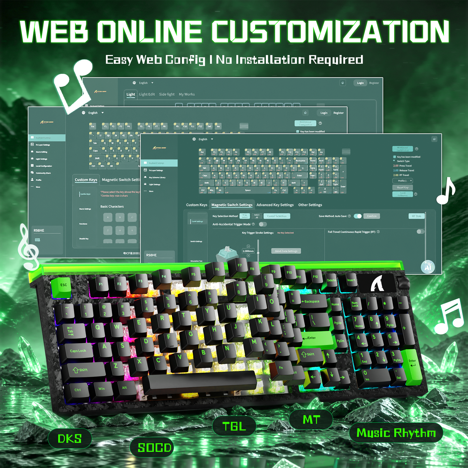 Klawiatura przewodowa ATTACK SHARK R98 HE z włókna węglowego, szybkim spustem, magnetycznym przełącznikiem oraz kablem Ultra RGB C01 w oplocie spiralnym