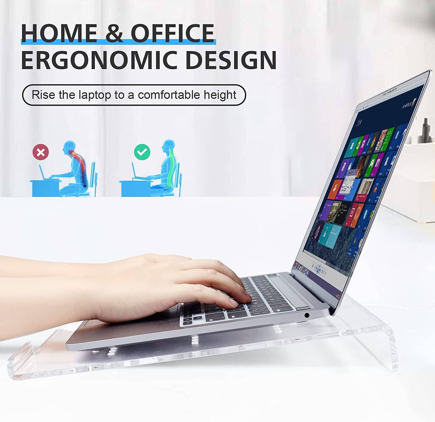 Transparent acrylic laptop riser with ergonomic tilt for home and office use