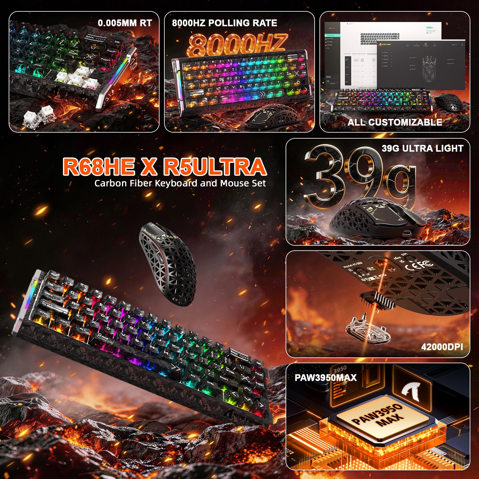 ATTACK SHARK R68 HE & R5 ULTRA Zestaw gamingowy z włókna węglowego