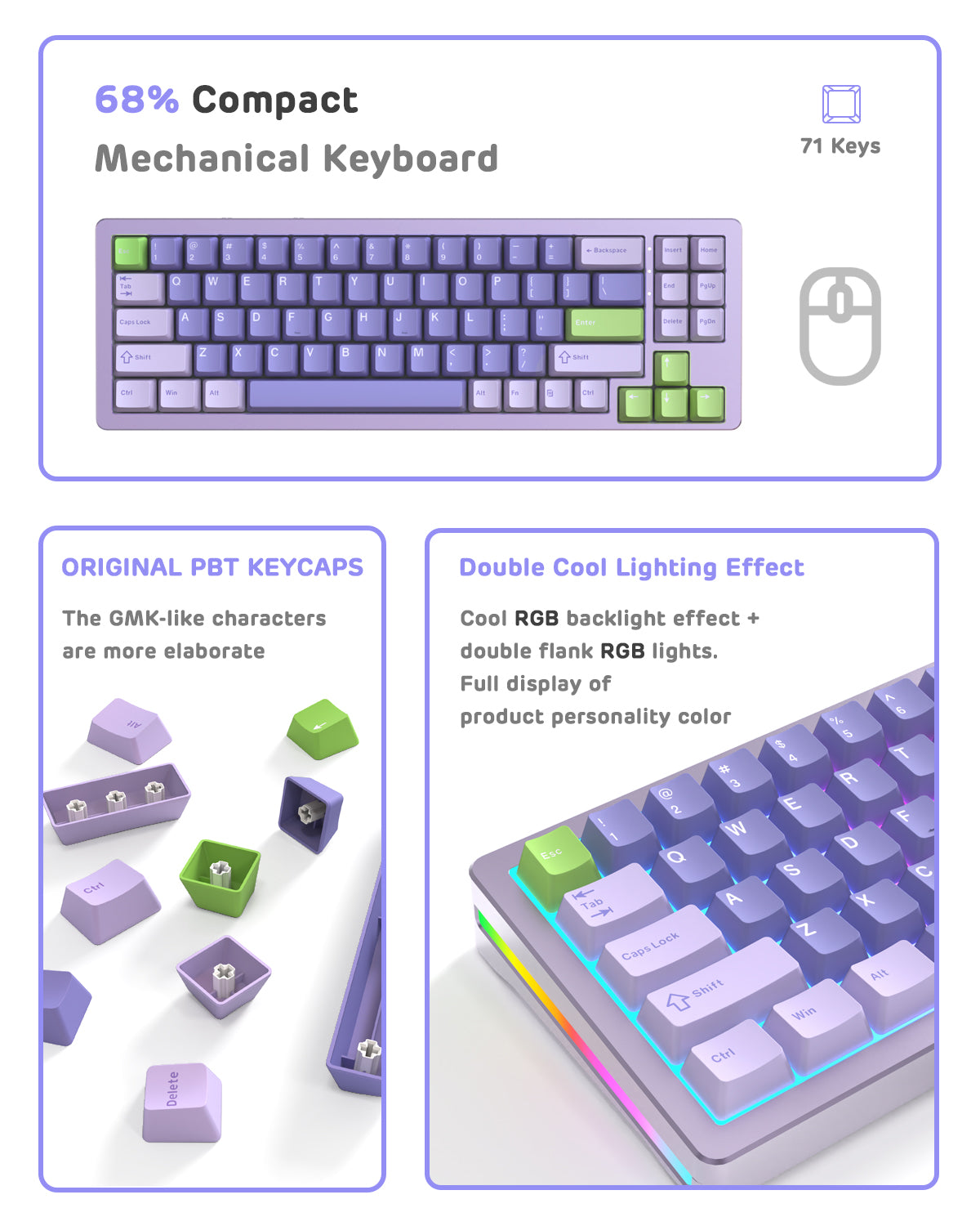 ATTACK SHARK M71 68% compact mechanical keyboard with PBT keycaps and RGB lighting effects