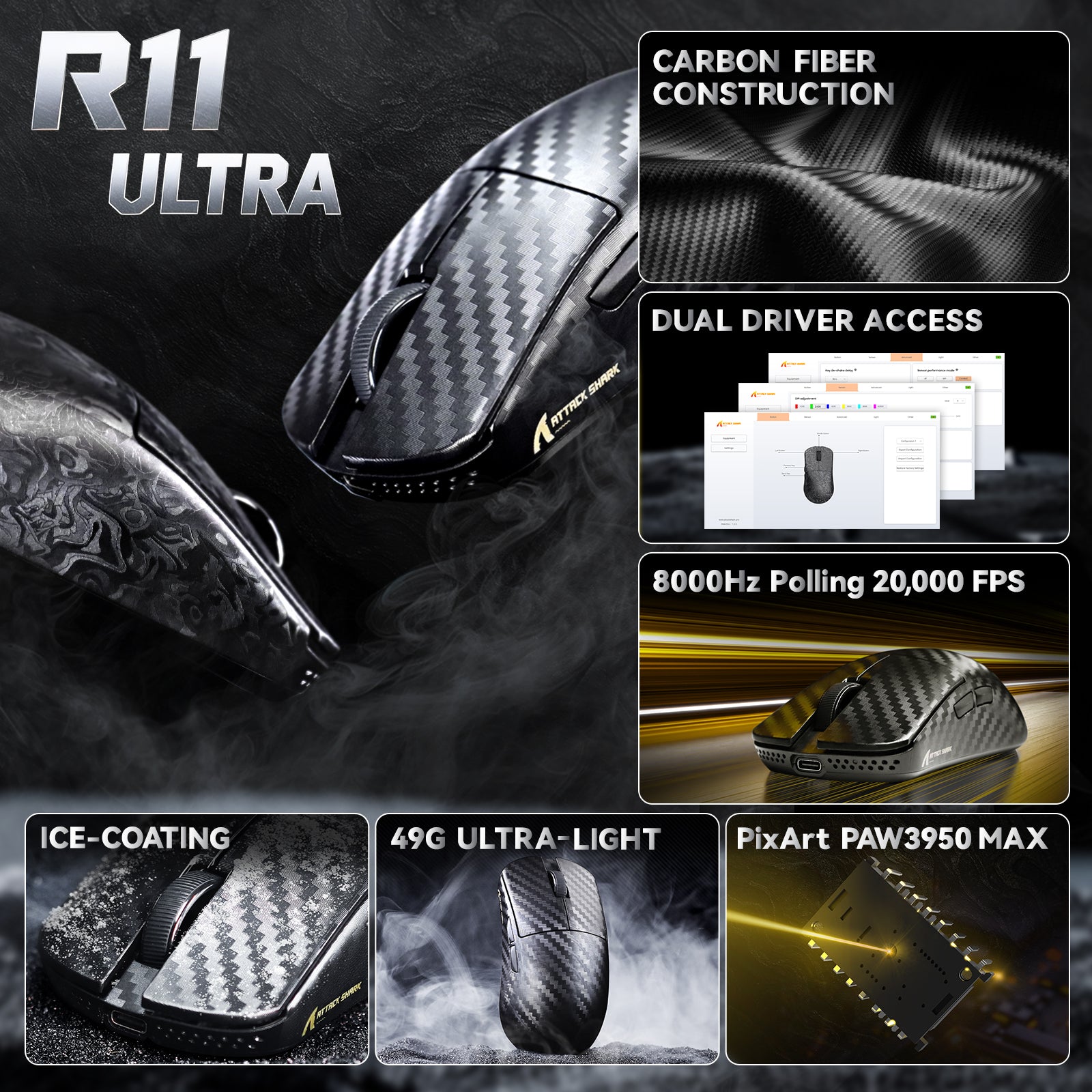 ATTACK SHARK R11 ULTRA Bezprzewodowa mysz gamingowa 8K PAW3950MAX z włókna węglowego z kablem C06 Ultra LED