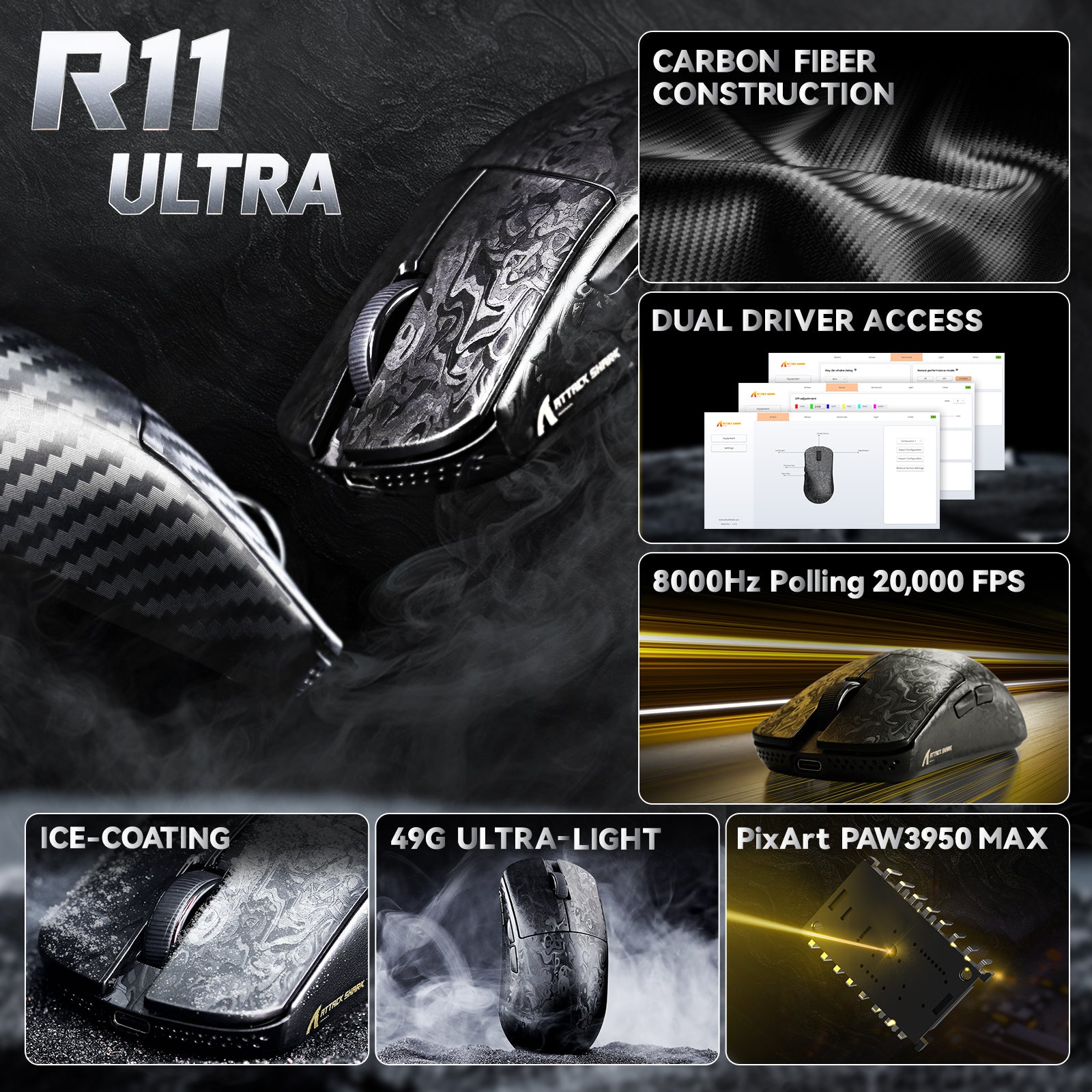 ATTACK SHARK R11 ULTRA Bezprzewodowa mysz gamingowa 8K PAW3950MAX z włókna węglowego z kablem C06 Ultra LED