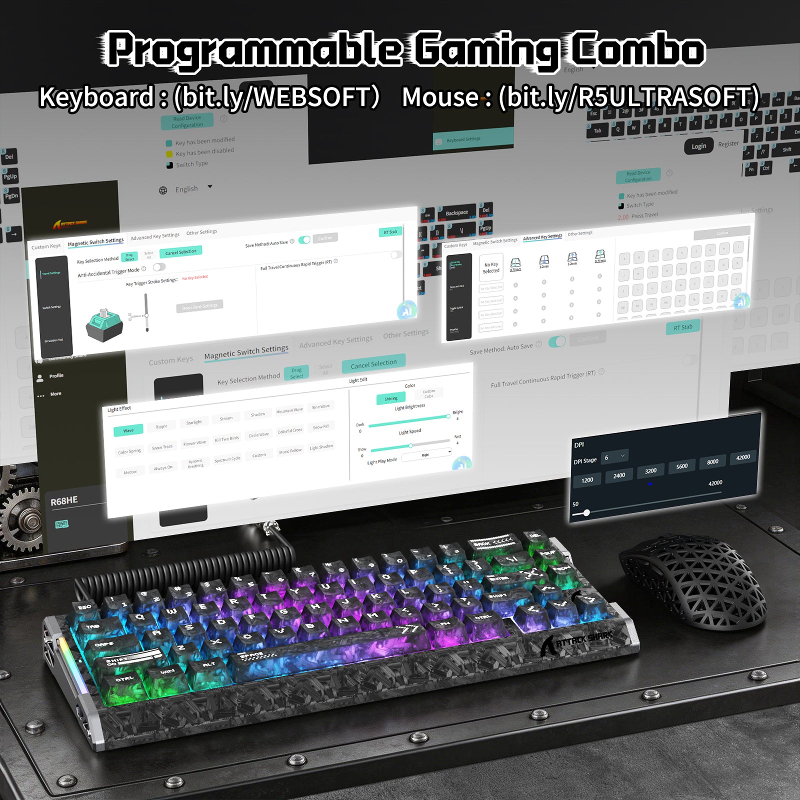 ATTACK SHARK R68 HE & R5 ULTRA Zestaw gamingowy z włókna węglowego z kablem C01 ULTRA w oplocie