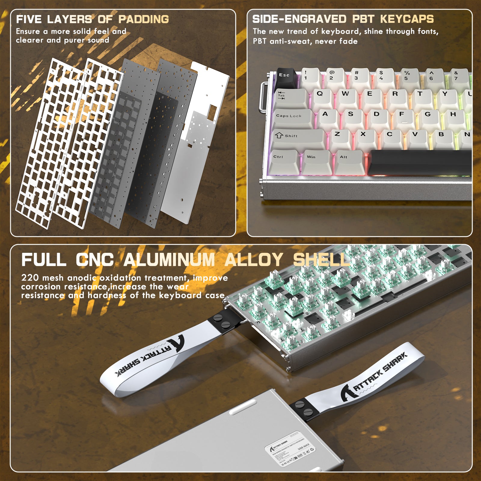 ATTACK SHARK X68MAX HE Klawiatura CNC z aluminium z szybkim wyzwalaczem i przełącznikiem magnetycznym z kablem C01Ultra RGB spiralnym