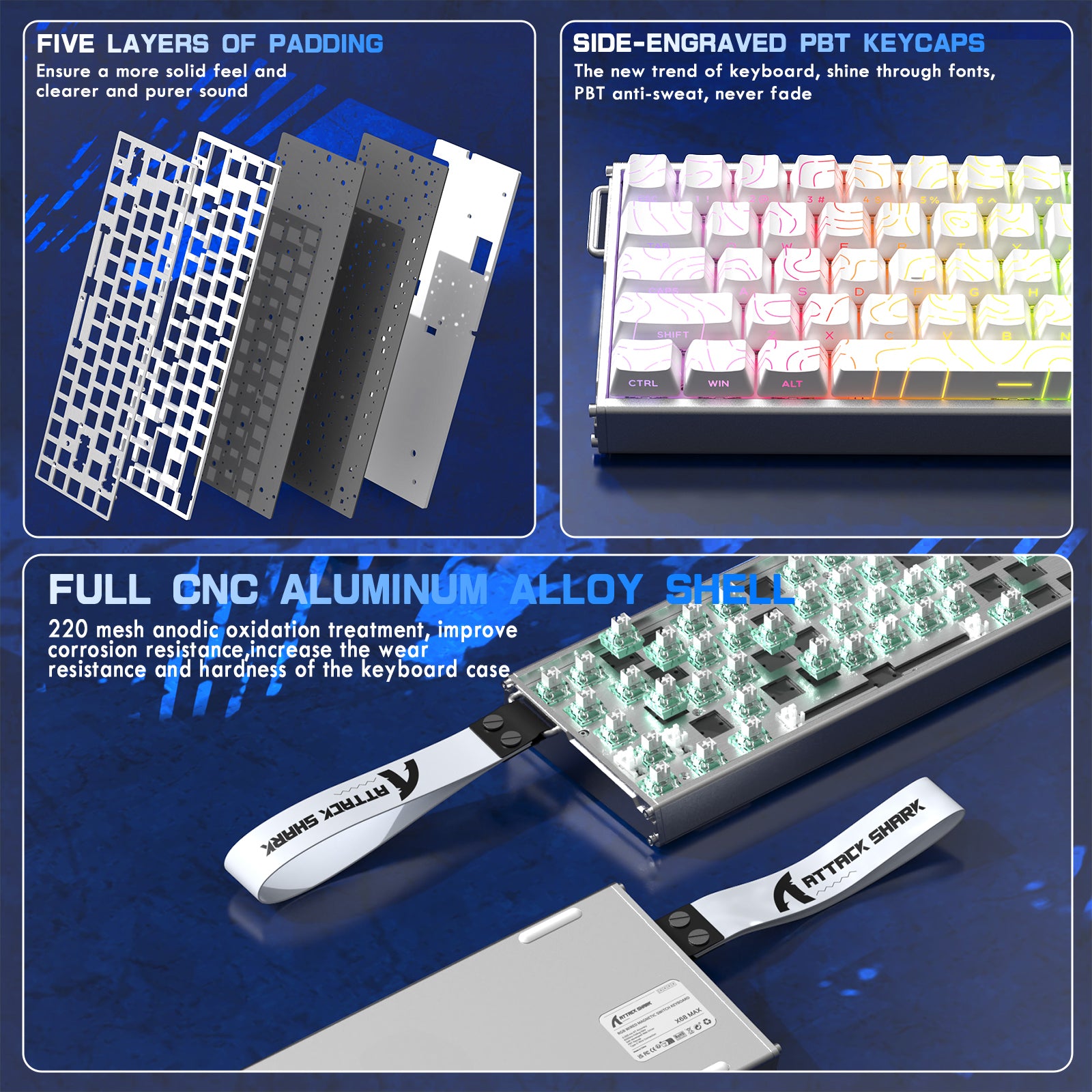 ATTACK SHARK X68MAX HE Klawiatura CNC z aluminium z szybkim wyzwalaczem i przełącznikiem magnetycznym z kablem C01Ultra RGB spiralnym