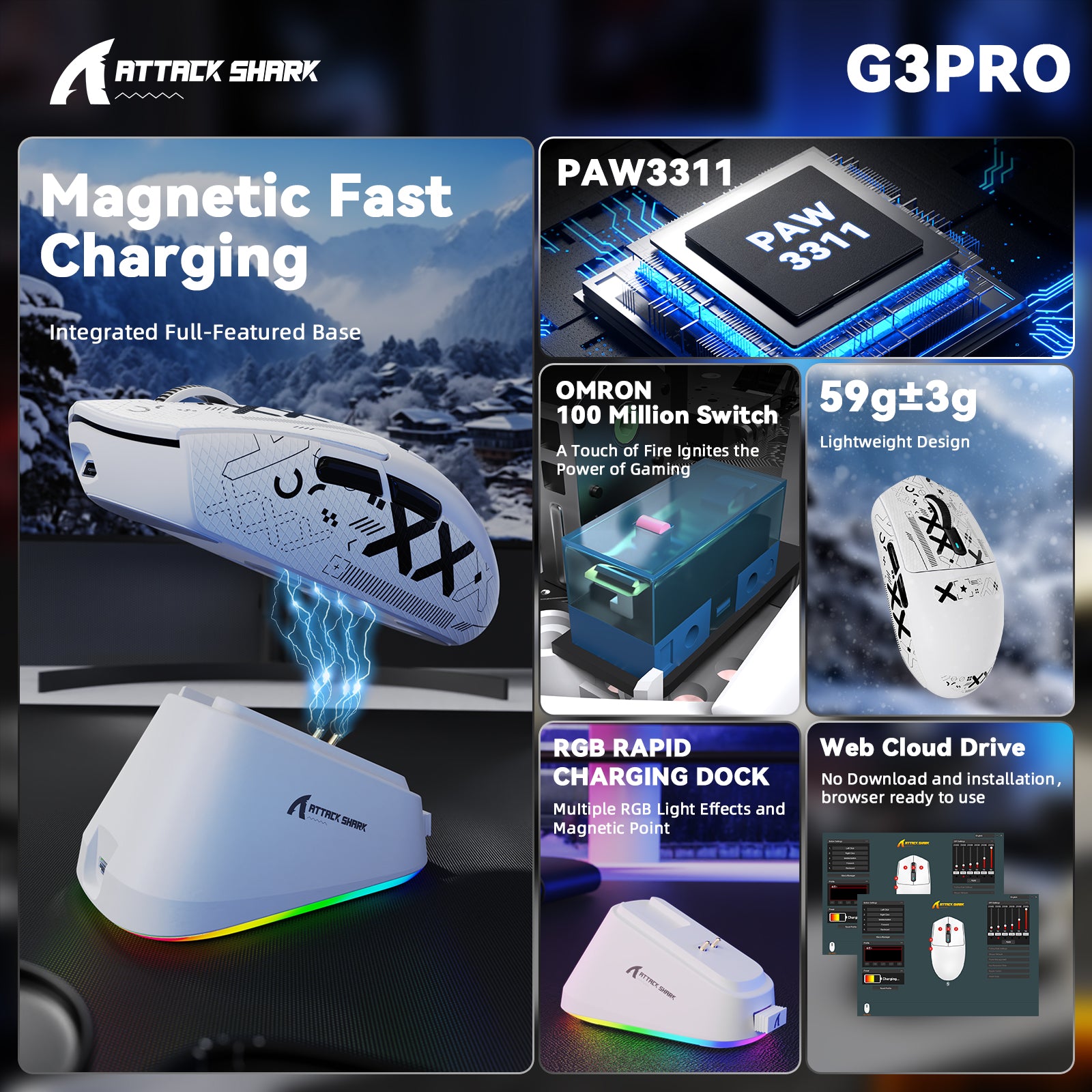 ATTACK SHARK G3 PRO Tri-mode bezprzewodowa mysz gamingowa z dokiem ładującym 25000 DPI Ultra lekka