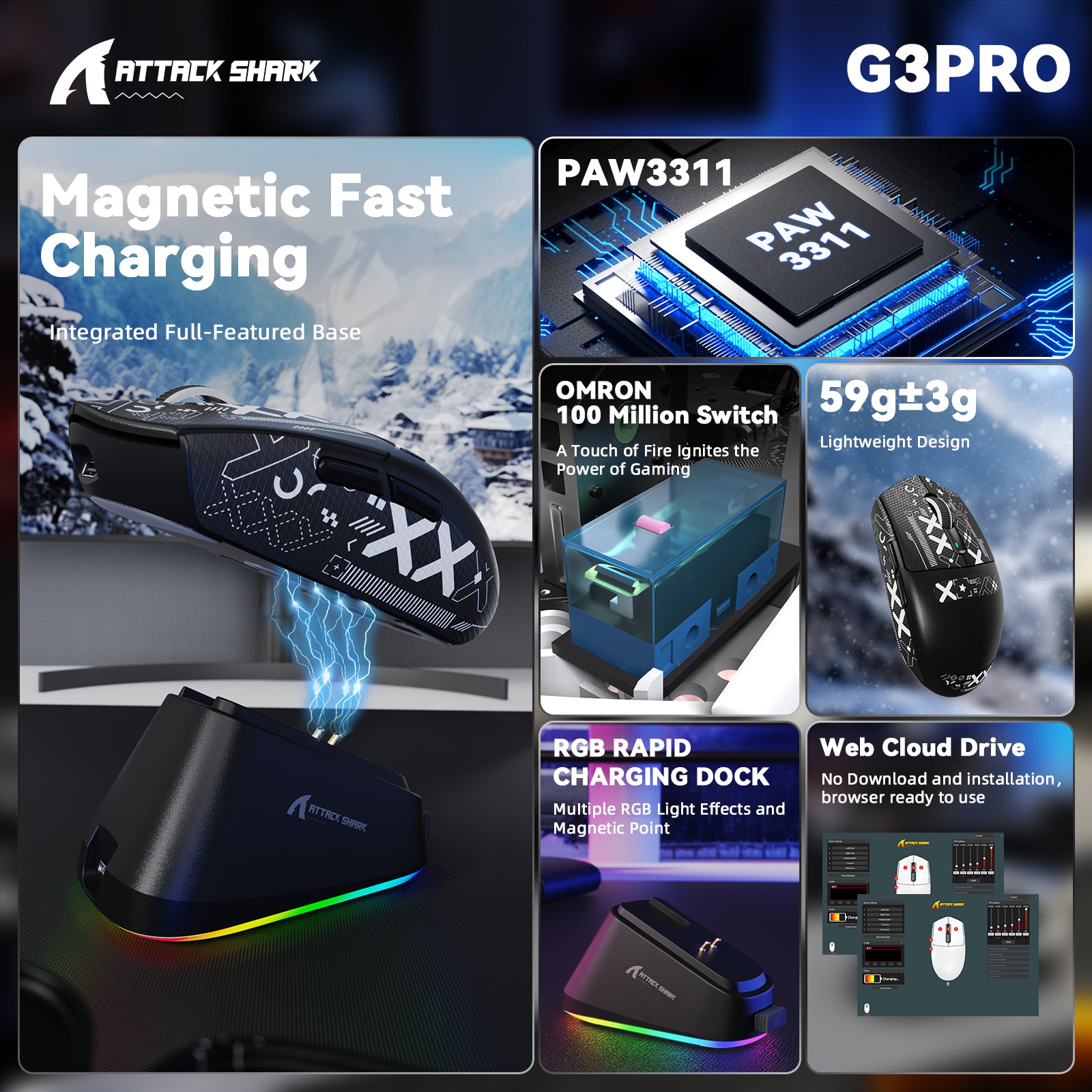 ATTACK SHARK G3 PRO Tri-mode bezprzewodowa mysz gamingowa z dokiem ładującym 25000 DPI Ultra lekka