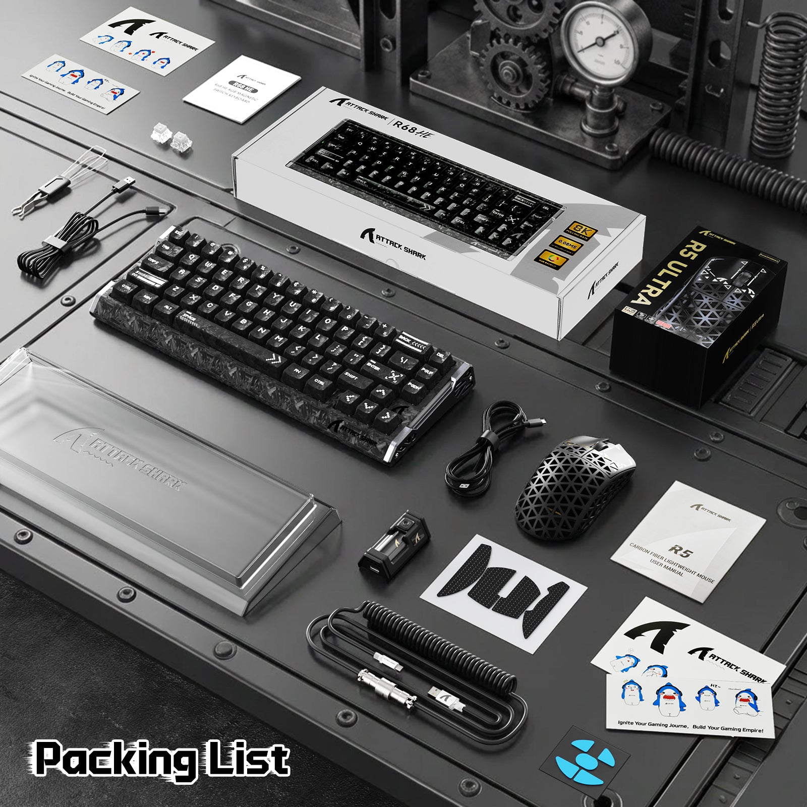 ATTACK SHARK R68 HE & R5 ULTRA Zestaw gamingowy z włókna węglowego z kablem C01 ULTRA w oplocie