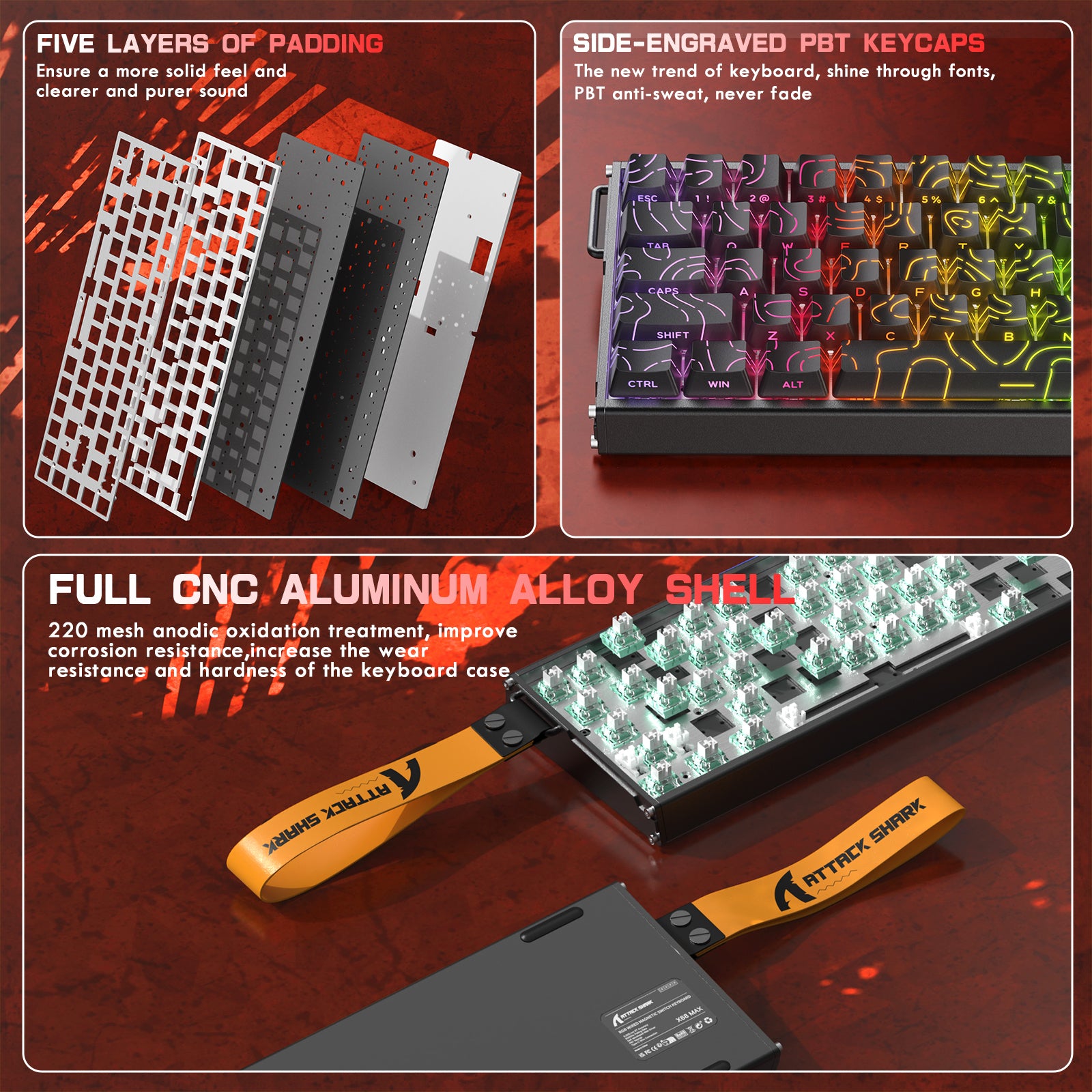 ATTACK SHARK X68MAX HE Klawiatura CNC z aluminium z szybkim wyzwalaczem i przełącznikiem magnetycznym z kablem C01Ultra RGB spiralnym