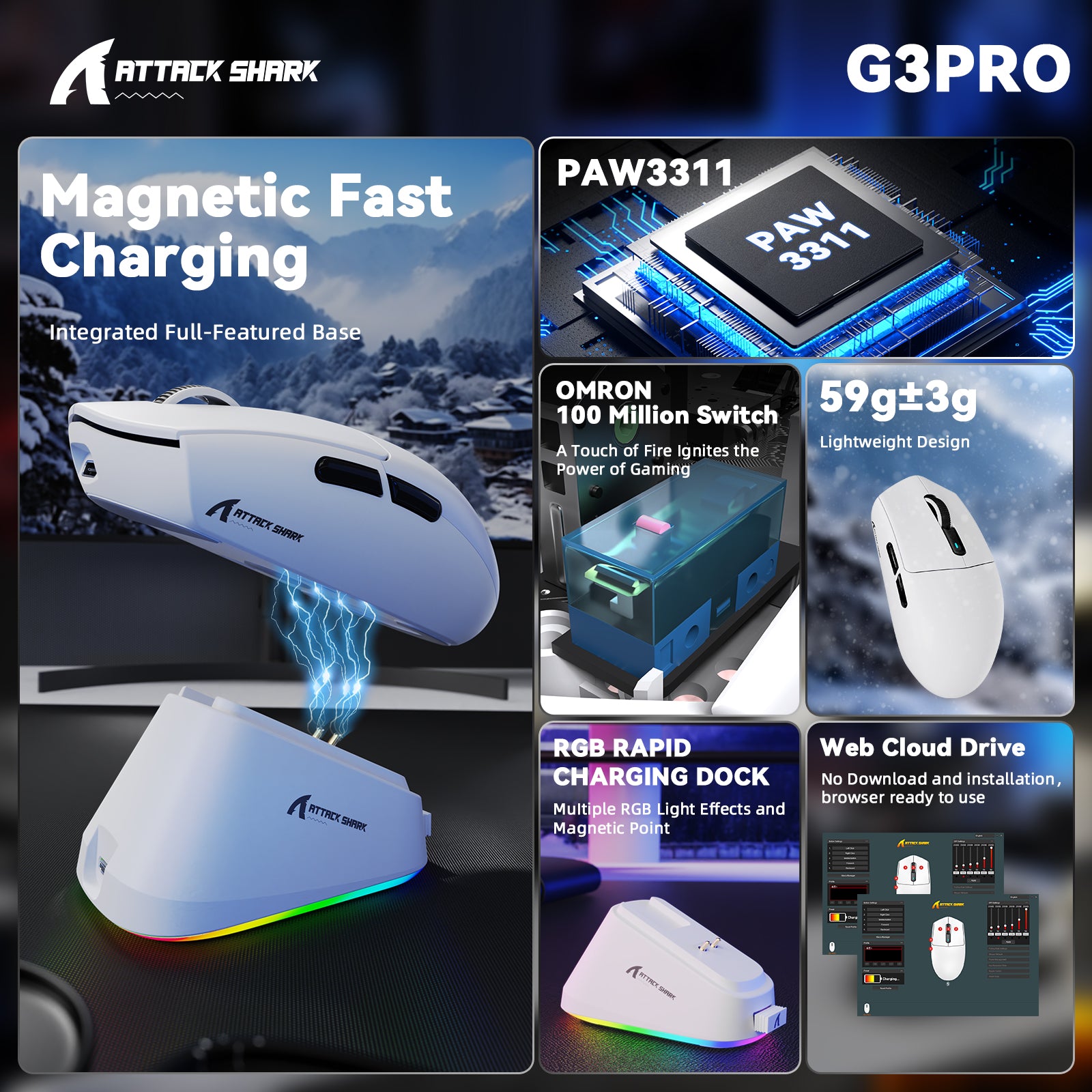 ATTACK SHARK G3 PRO Tri-mode bezprzewodowa mysz gamingowa z dokiem ładującym 25000 DPI Ultra lekka