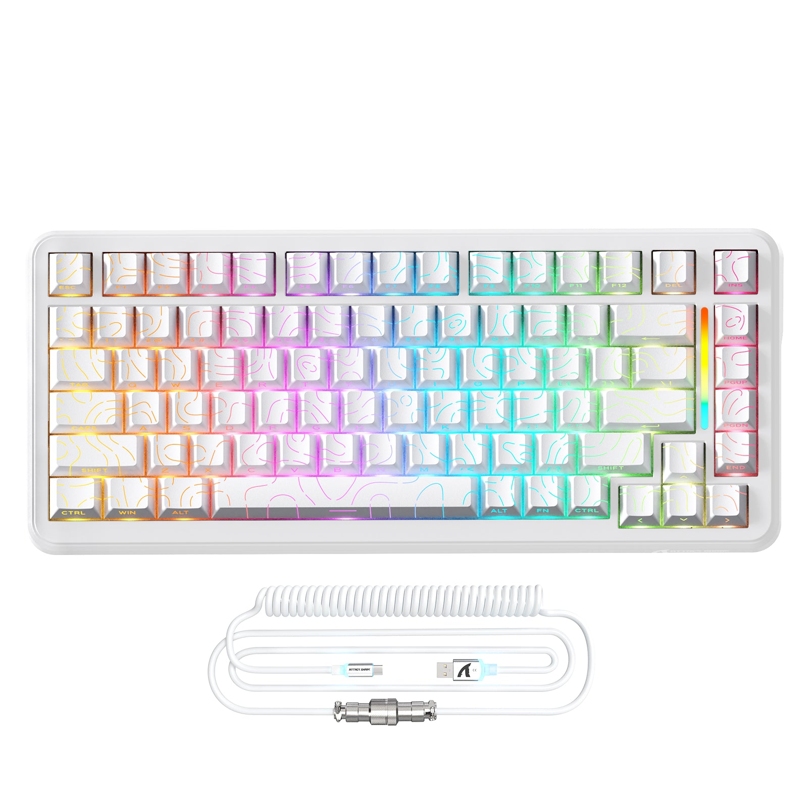 White 75% RGB mechanical keyboard with topographic keycaps and coiled cable