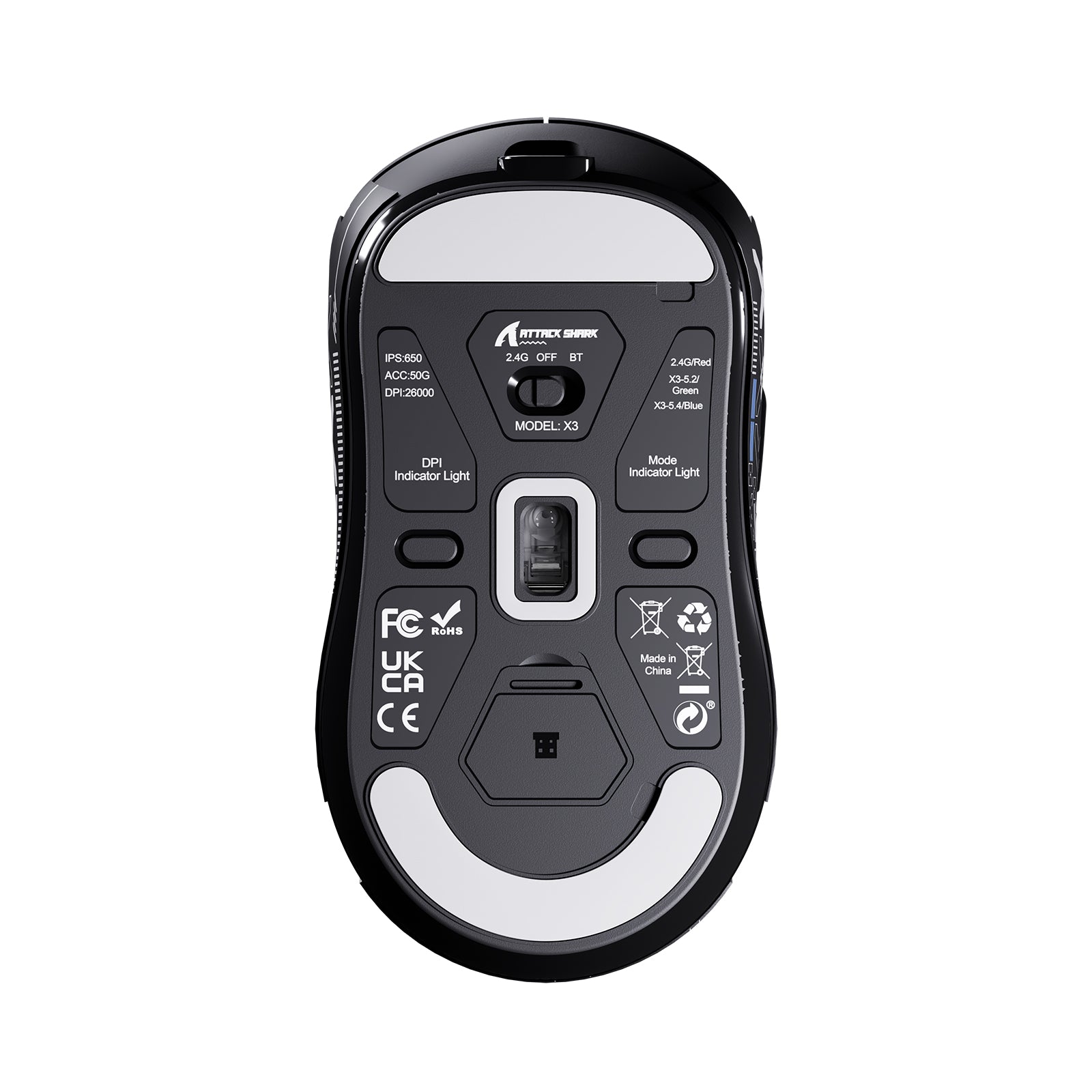 ATTACK SHARK X3 Wireless Gaming Mouse bottom view, black, showing model details and specifications.